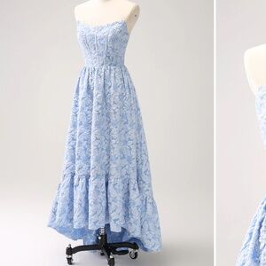 Blue Floral Strapless A-Line High Low Bridesmaids Dress